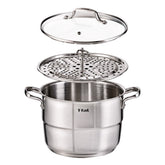 T-fal stainless steel steamer pot with perforated insert tray and glass lid, disassembled