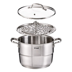 T-fal stainless steel steamer pot with perforated insert tray and glass lid, disassembled