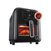 T-fal Infrared Air Fryer with digital touch screen in grey. Food visible through front window, with "Infra Heat Technology" badge