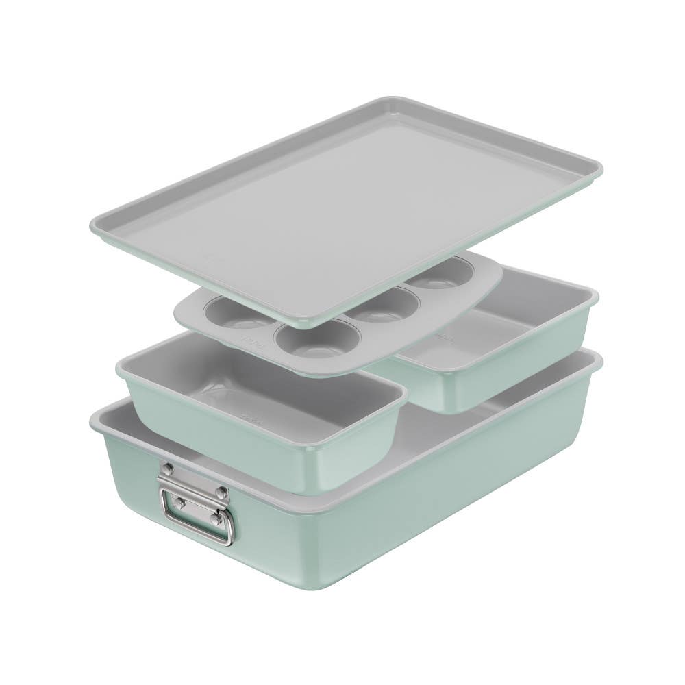 Stackable Ceramic Non-Stick Bakeware, 5 Piece Set, Mint Green