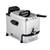 A compact, stainless steel deep fryer featuring a black handle, side grips, and a front oil drainage system with a storage container.
