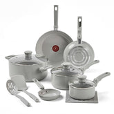 T-fal Refresh Ceramic Non-Stick, 12 Piece Pots and Pans Cookware Set, Moon Grey