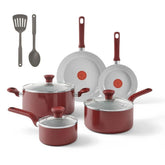 T-fal Red cookware set with two frypans, stockpot, saucepan and cooking utensils