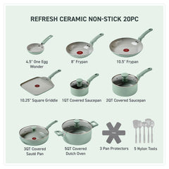 egg pan, 2 frypans, griddle, 2 saucepans, sauté pan, dutch oven, 3 pan protectors, 5 tools