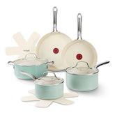 T-fal Ceramic Inspire, 10 Piece Cookware Set, Mint Green, stainless steel handle