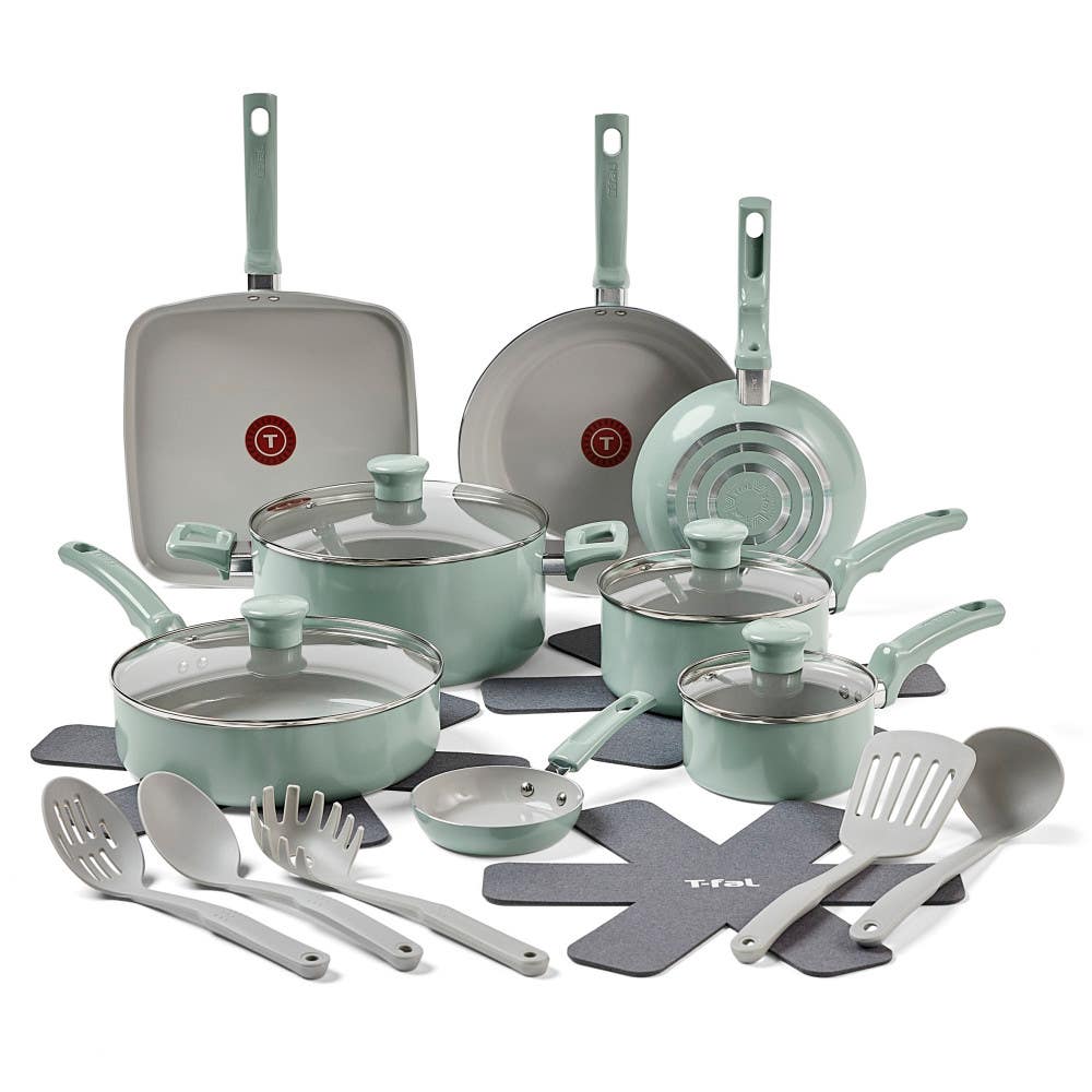 T-fal Refresh Ceramic Non-Stick, 20 Piece Pots and Pans Cookware Set, Mint Green