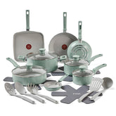 T-fal Refresh Ceramic Non-Stick, 20 Piece Pots and Pans Cookware Set, Mint Green