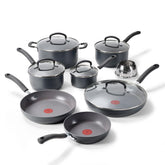 T-fal Ultimate Hard Anodized Nonstick 13 Piece Cookware Set, Grey exterior, silicone handles, stainless steamer