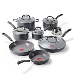 T-fal Ultimate Hard Anodized Nonstick 13 Piece Cookware Set, Grey exterior, silicone handles, stainless steamer