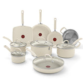 T-fal 14 piece pots and pans cookware set beige with glass lids and red heat indicator spots, including pots, pans, and a steamer insert