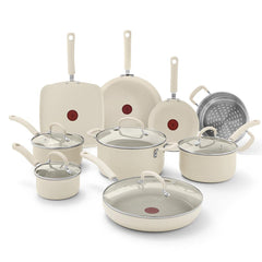 T-fal 14 piece pots and pans cookware set beige with glass lids and red heat indicator spots, including pots, pans, and a steamer insert