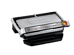 T-Fal OptiGrill+ features a stainless steel body, smart control panel with cooking indicators