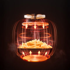 Infrared top and bottom heating elements, ensuring even cooking for crispy outside and juicy inside results.