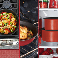 three images: red frypan with shrimp, baking dish in oven, stacked red pots in fridge