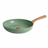 T-fal 12 inch green ceramic frypan with wood-look handle on a white background
