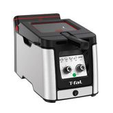 T-fal advanced deep fryer with stainless steel body, black and red accents, adjustable temperature controls, and front panel indicators.
