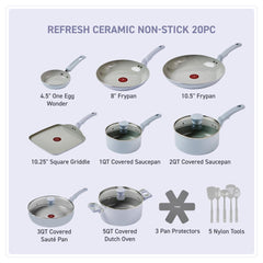 egg pan, 2 frypans, griddle, 2 saucepans, sauté pan, dutch oven, 3 pan protectors, 5 tools