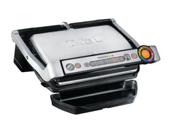 OptiGrill with stainless steel lid, control panel, and drip tray, designed for easy, automatic cooking and grilling.