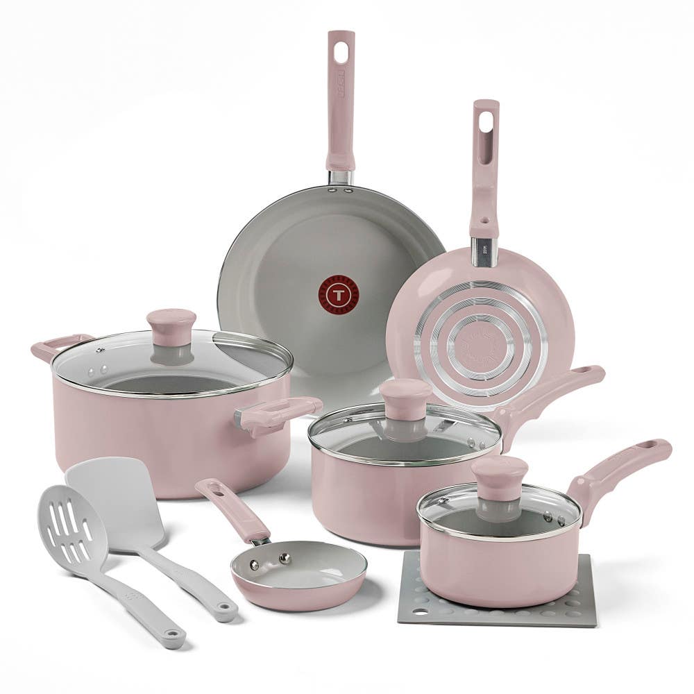 T-fal Refresh Ceramic Non-Stick, 12 Piece Pots and Pans Cookware Set, Dusty Rose