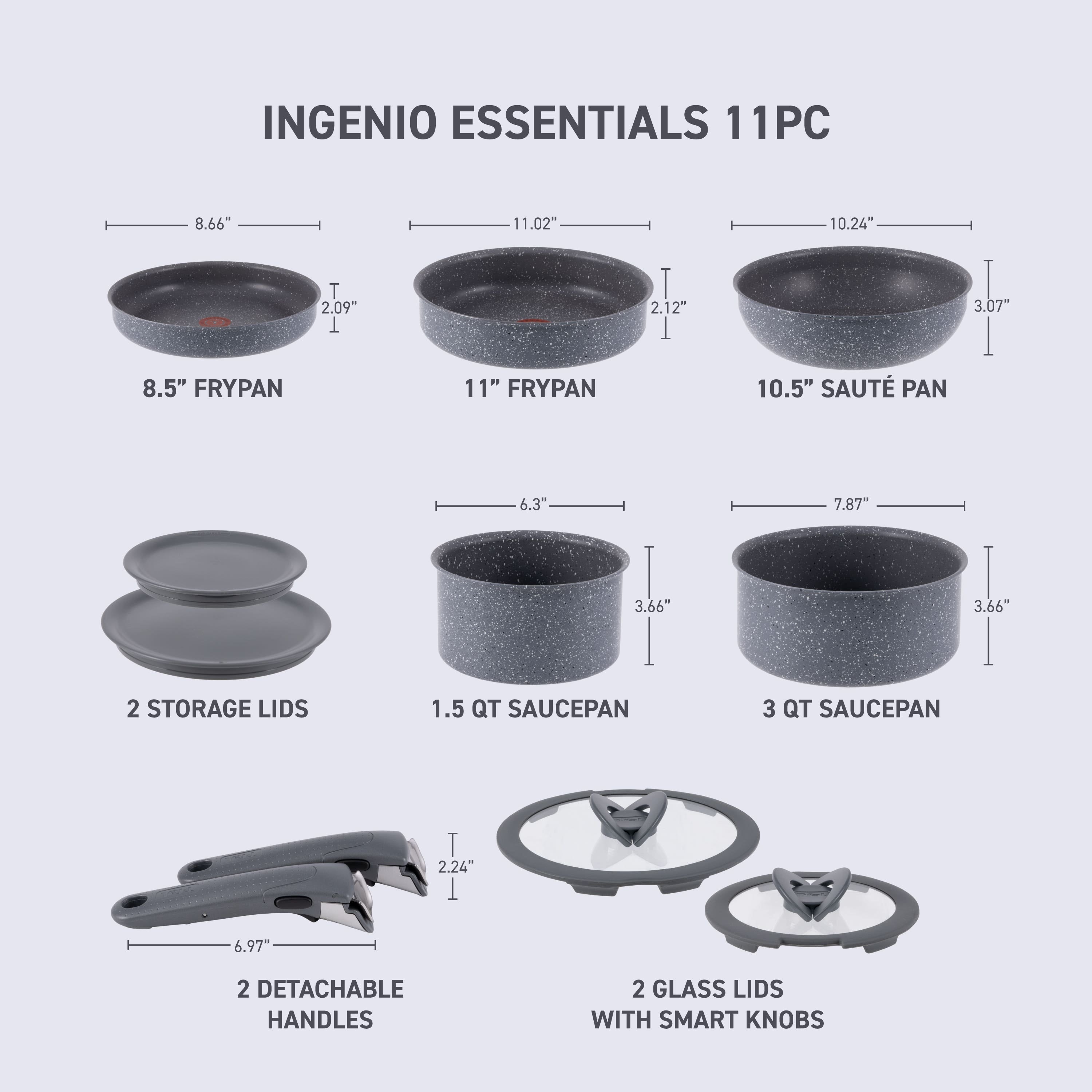 Ingenio Essentials Nonstick, 11 Piece Pots and Pans Cookware Set, Grey Granite Non-Induction