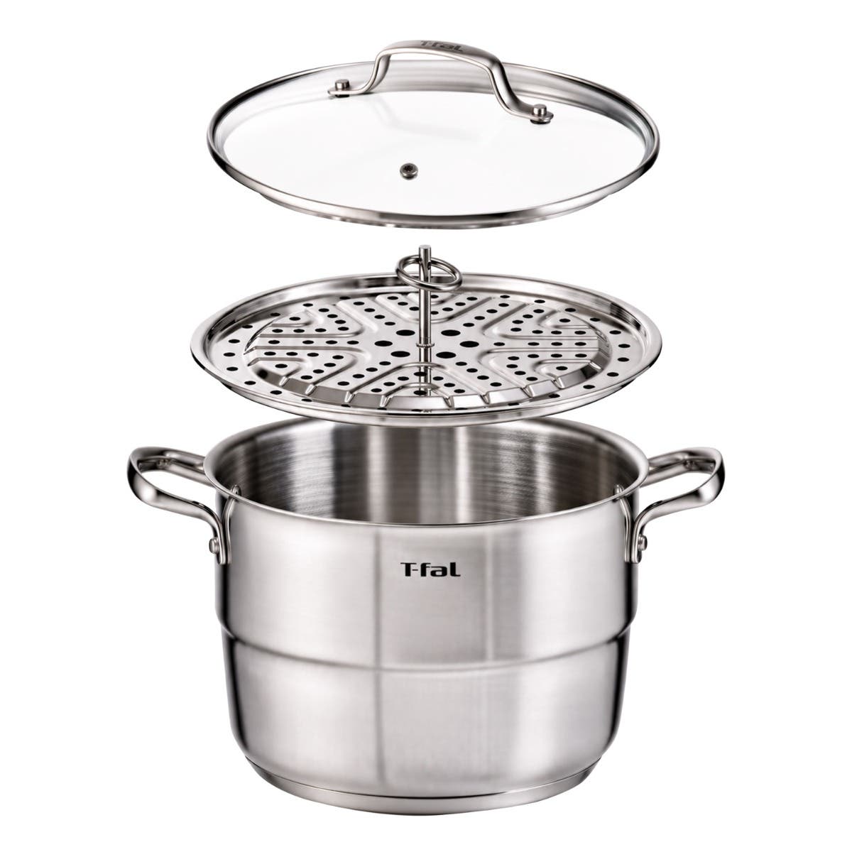 T-fal stainless steel steamer pot with perforated insert tray and glass lid, disassembled