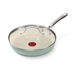 T-fal Inspire Ceramic 10 inch frypan with lid and stainless steel handle, mint green color