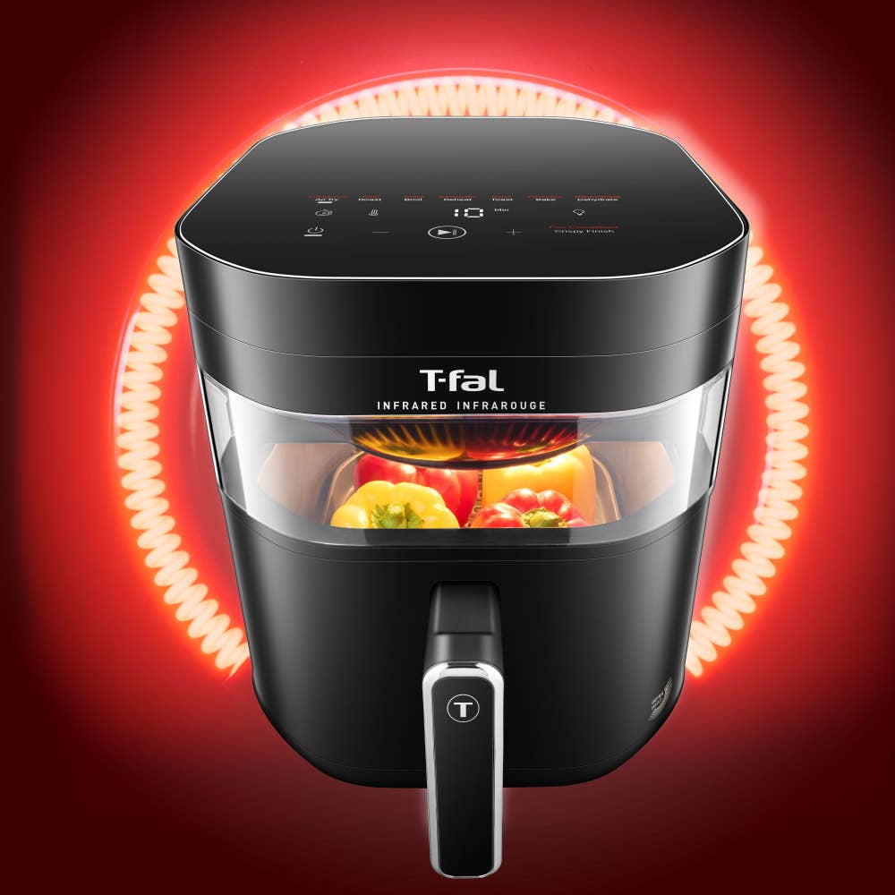 Infrared technology heats food 2x faster than traditional Air fryer. Displayed is an appliance featuring advanced infrared heating and more efficient cooking.