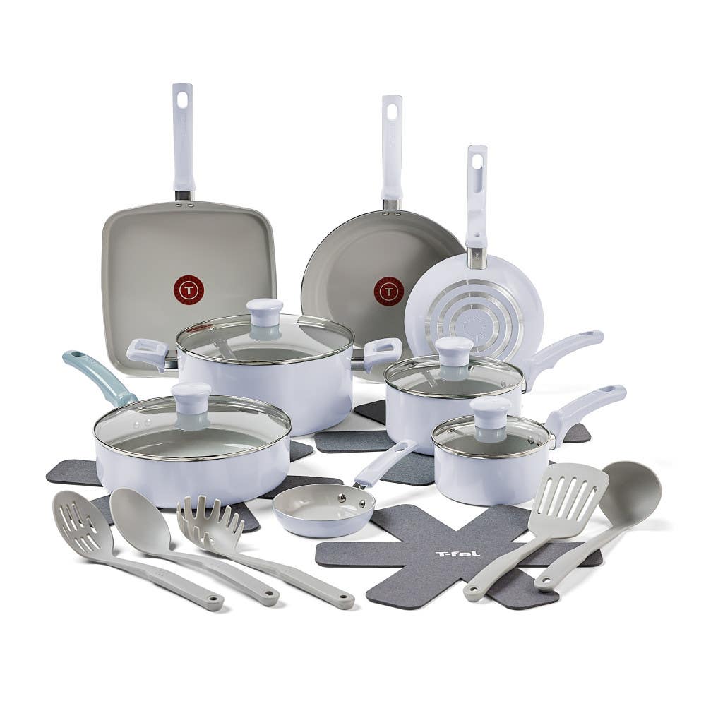 T-fal Refresh Ceramic Non-Stick, 20 Piece Pots and Pans Cookware Set, Arctic Blue