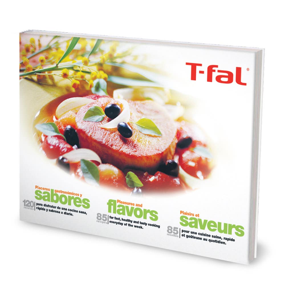 Included accessory: A T-fal cookbook featuring various dishes on its cover with the title in several languages.