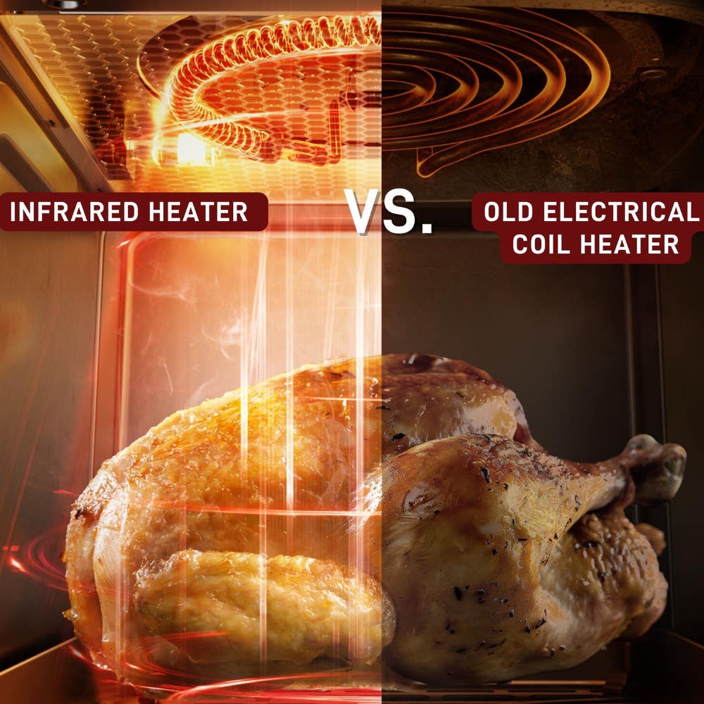 Comparison of infrared heater vs old electrical coil heater cooking a chicken