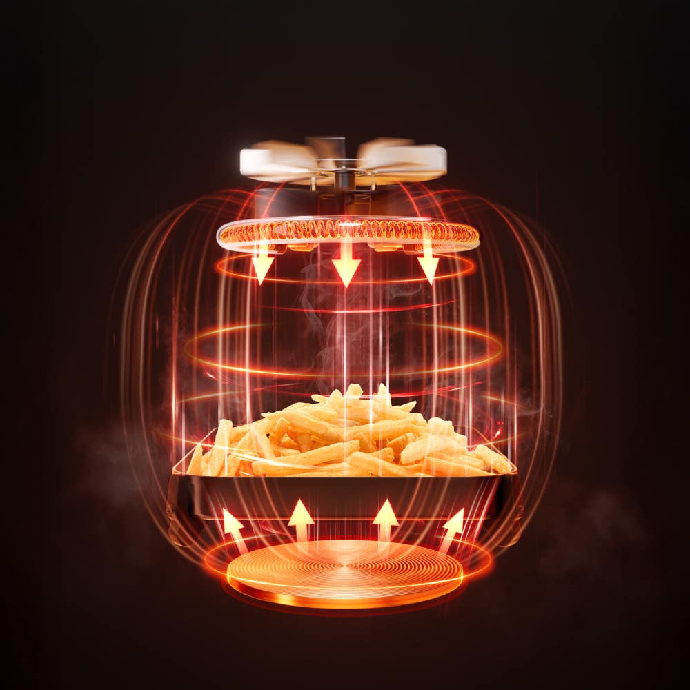 Infrared top and bottom heating elements, ensuring even cooking for crispy outside and juicy inside results.