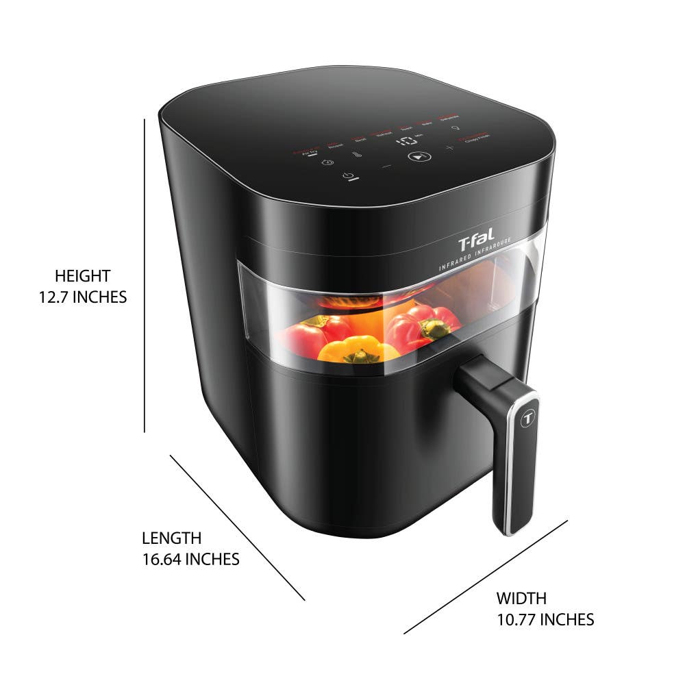 A modern black rectangular air fryer with clear window. Dimensions: 11.02 inches high, 10.63 inches deep, and 8.27 inches wide.