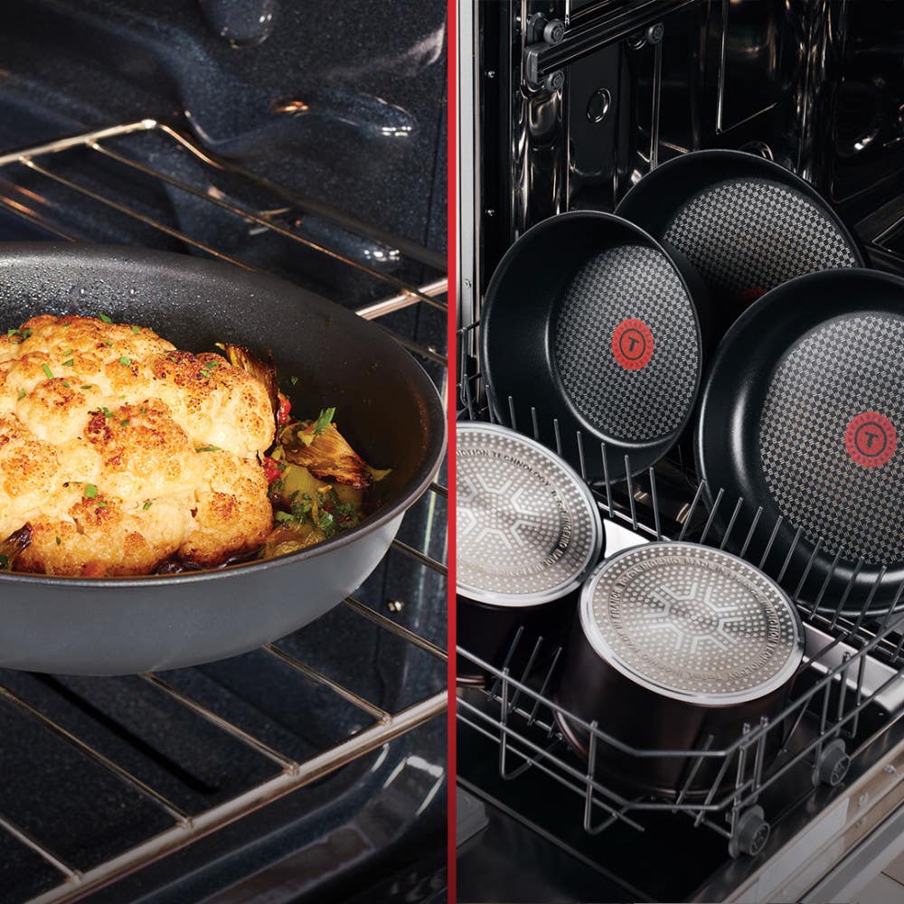 Left: grey pan with baked dish in oven; Right: Black cookware drying in dishwasher