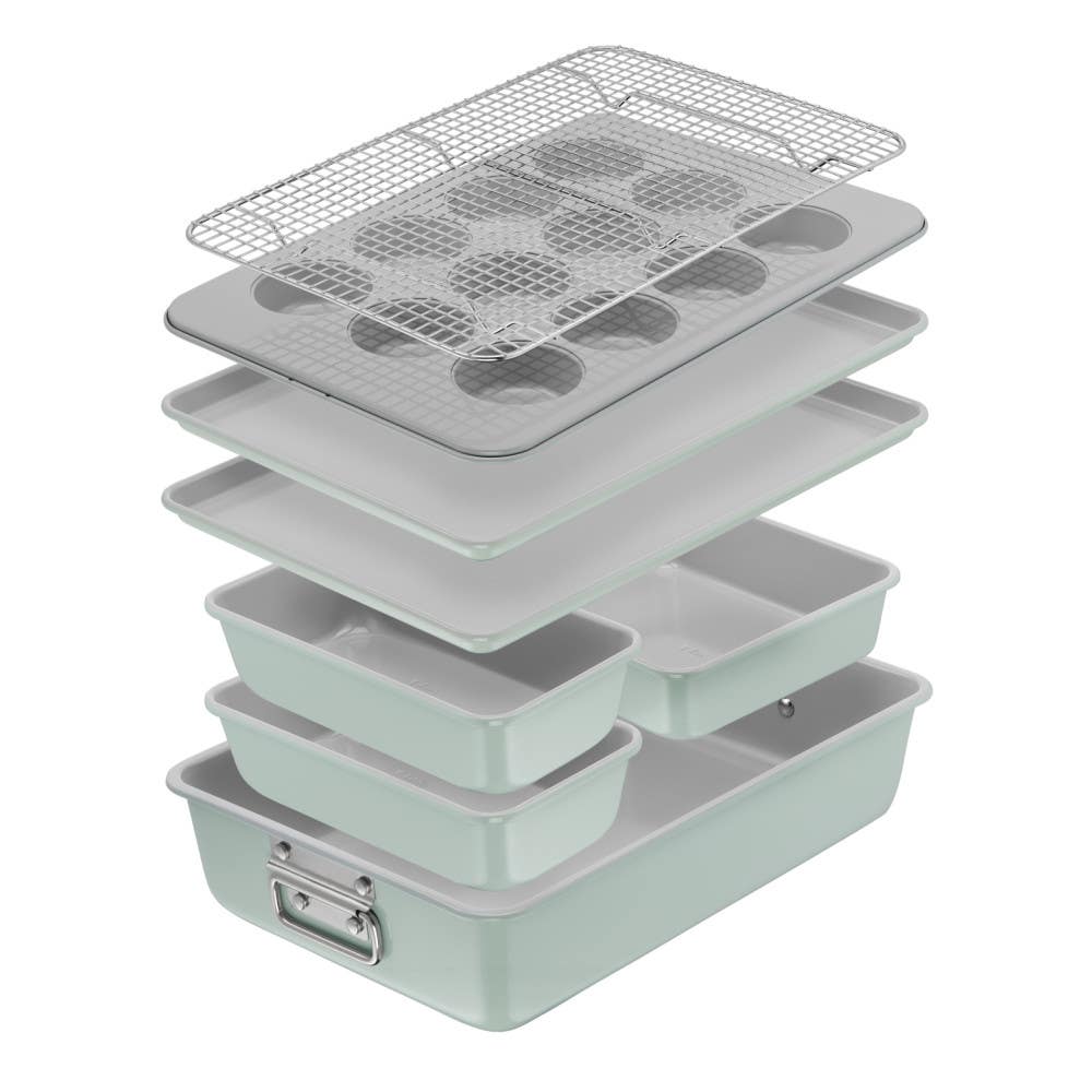 Stackable Ceramic Non-Stick Bakeware, 8 Piece Set, Mint Green