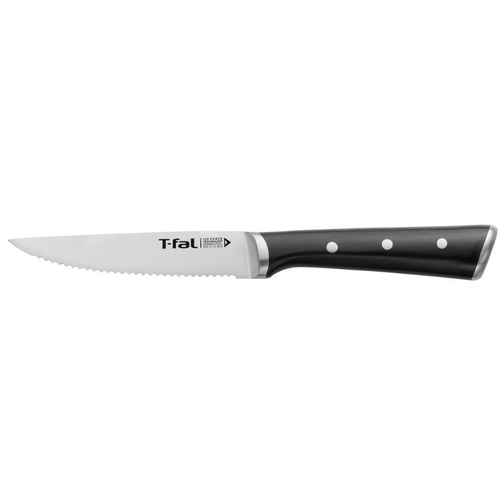 Serrated T-fal 4.5 inch Steak Knife with black handle.