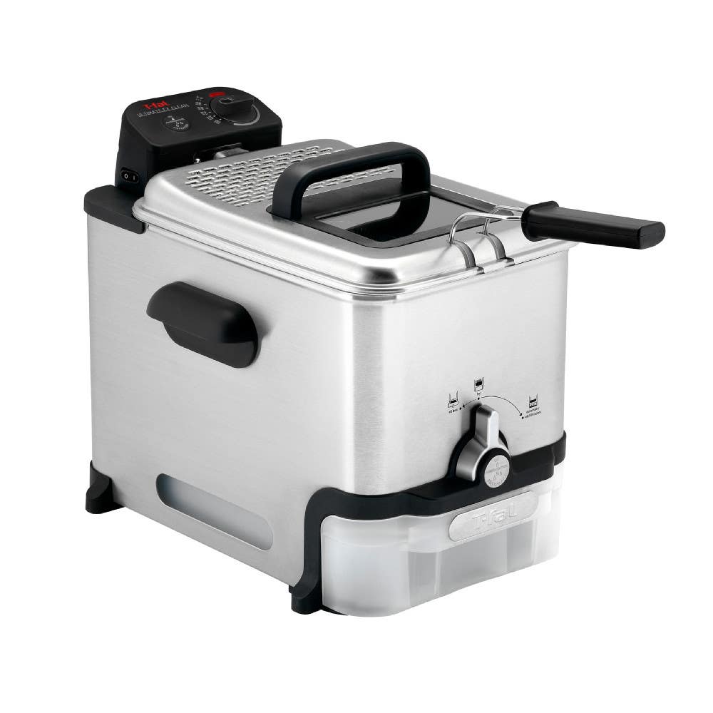 A compact, stainless steel deep fryer featuring a black handle, side grips, and a front oil drainage system with a storage container.