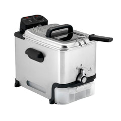 A compact, stainless steel deep fryer featuring a black handle, side grips, and a front oil drainage system with a storage container.