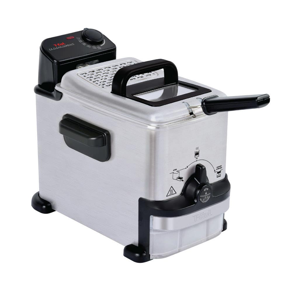 A compact, stainless steel deep fryer featuring a black handle, side grips, and a front oil drainage system with a storage container.