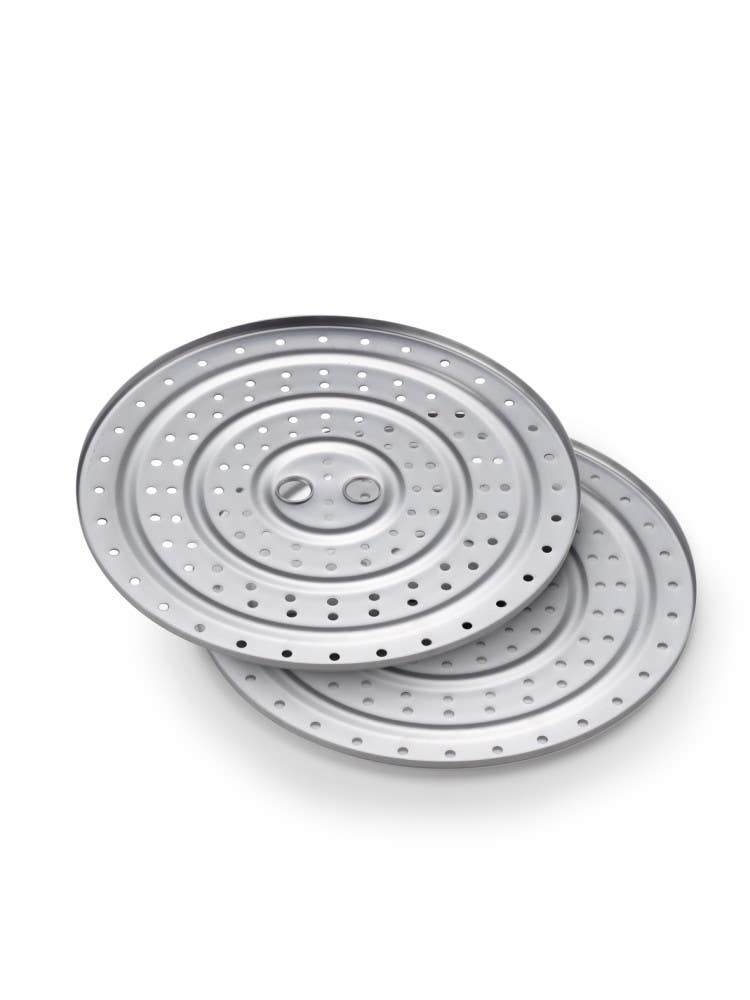 Two round stainless steel perforated canning racks.