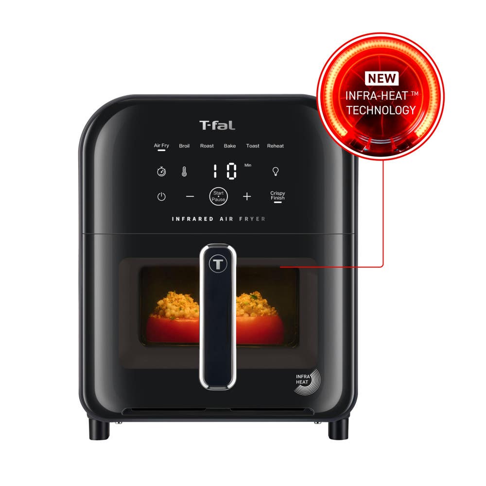 T-fal Infrared Air Fryer with digital touch screen in grey. Food visible through front window, with "Infra Heat Technology" badge
