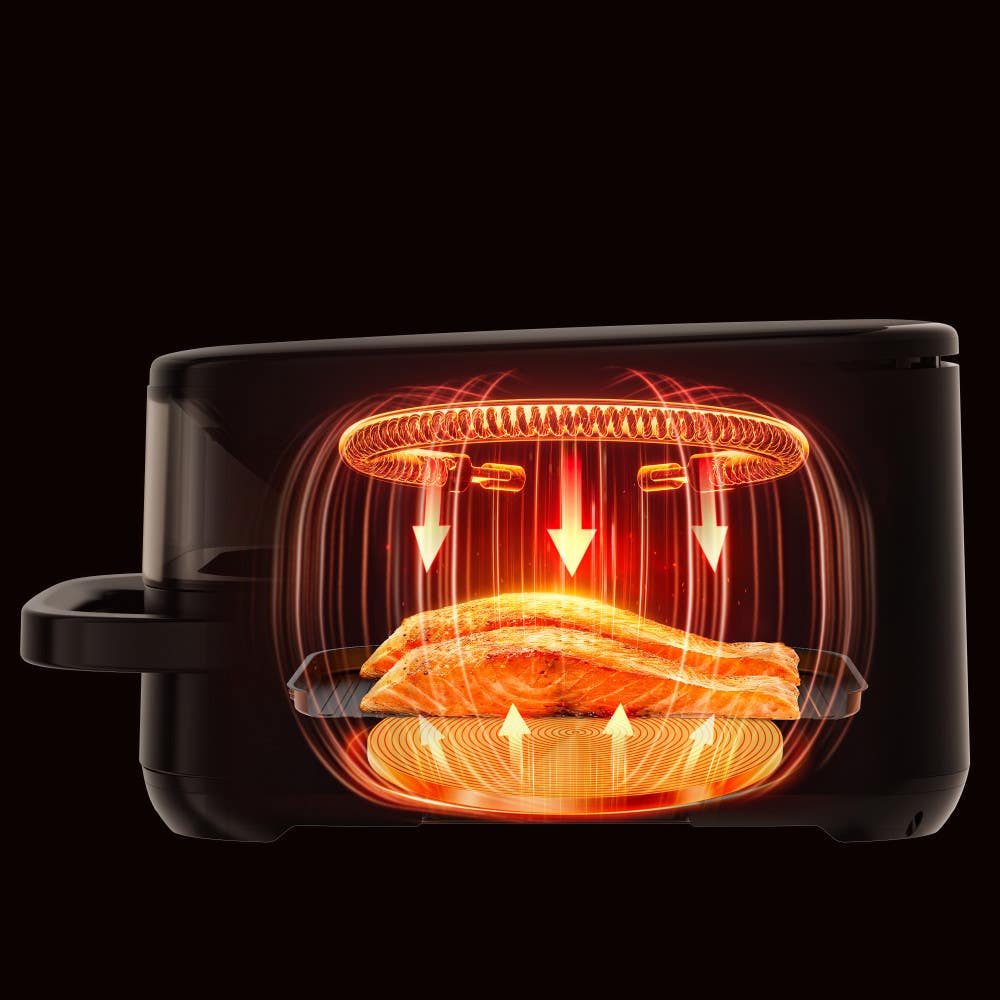 Infrared Surface XXL Air Fryer by T-fal, cutaway view showing infrared heat flow circulating above and below food for even cooking.
