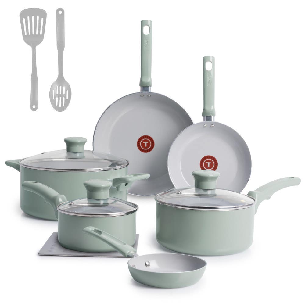 T-fal mint green cookware set including two frying pans, three saucepans with glass lids, one small skillet, two cooking utensils