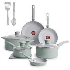 T-fal mint green cookware set including two frying pans, three saucepans with glass lids, one small skillet, two cooking utensils