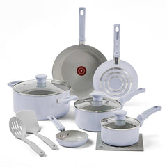 T-fal Refresh Ceramic Non-Stick, 12 Piece Pots and Pans Cookware Set, Arctic Blue