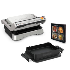 T-fal OptiGrill+ Snacking & Baking accessory. Includes a smart grill with adjustable temperature settings, a versatile baking tray, and a recipe book for diverse cooking options.