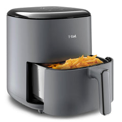 T-fal Easy Fry Max Air Fryer, the front drawer is slightly open, revealing a portion of golden-brown French fries inside the basket.