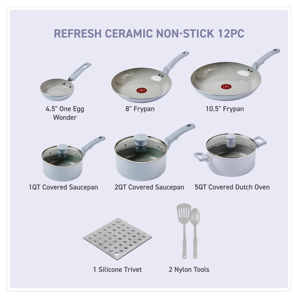 egg pan, 2 frypans, griddle, 2 saucepans, a dutch oven, a silicon trivet, 2 nylon tools