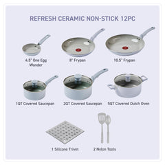 egg pan, 2 frypans, griddle, 2 saucepans, a dutch oven, a silicon trivet, 2 nylon tools