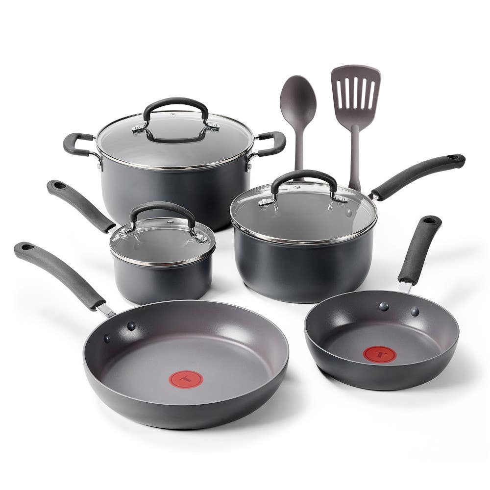 T-fal Ultimate Hard Anodized Nonstick 10 Piece Cookware Set, Grey exterior, silicone handles