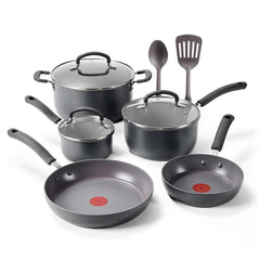 T-fal Ultimate Hard Anodized Nonstick 10 Piece Cookware Set, Grey exterior, silicone handles